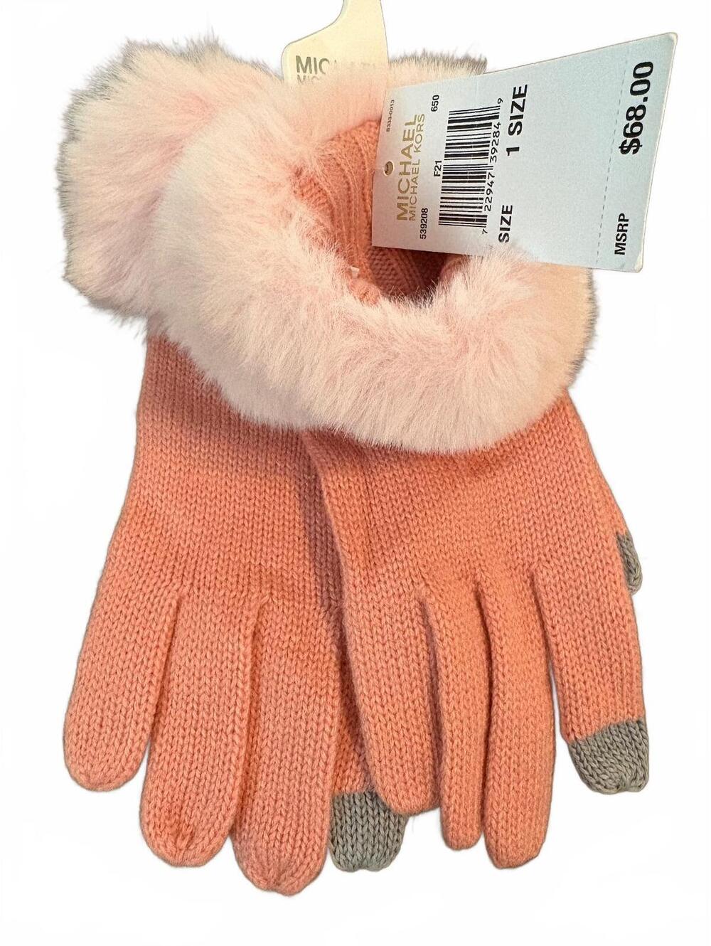 NWT Michael Kors pink knit gloves with faux fur cuff
